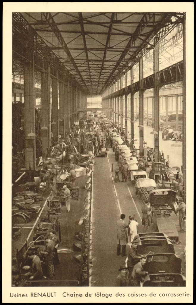 Usines Renault, chaîne de tôlage des caisses de carrosserie dans les ateliers de l’Île Seguin, carte postale. Archives municipales de Boulogne-Billancourt