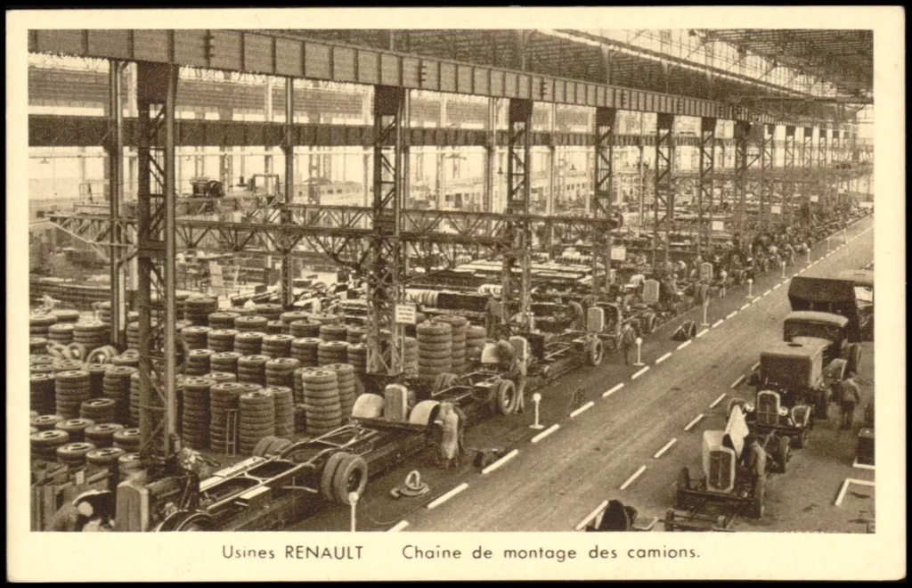 Usines Renault, chaîne de montage des camions dans les ateliers de l’Ile Seguin, carte postale. Archives municipales de Boulogne-Billancourt