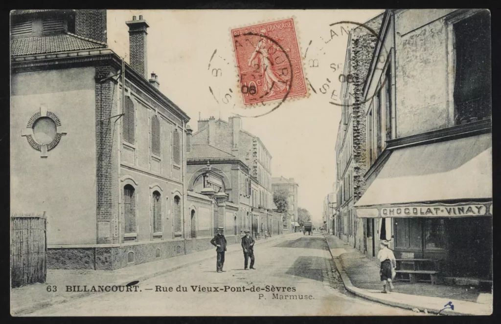 Billancourt, rue du Vieux-Pont-de-Sèvres, carte postale, 1906. Archives municipales de Boulogne-Billancourt