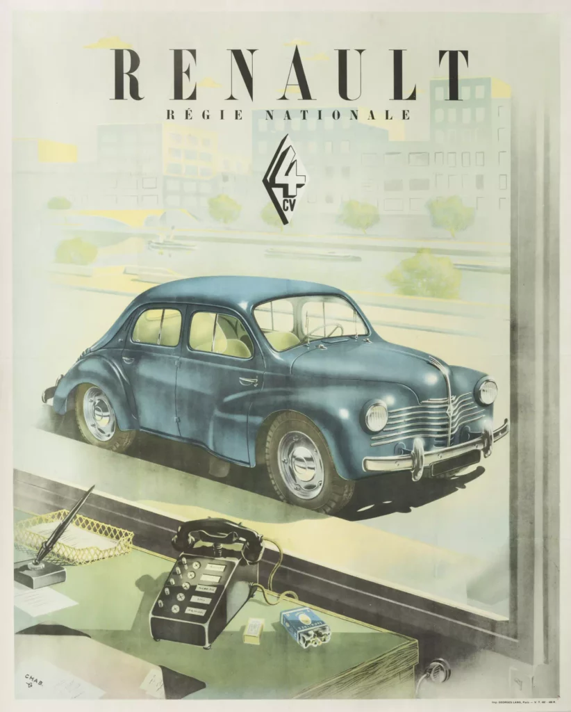Georges Lang, Renault 4 CV, vers 1955. Affiche. Lithographie sur papier marouflé sur toile, 98 x 79,5 cm. © Droits réservés. Musées de la ville de Boulogne-Billancourt - Photo Philippe Fuzeau