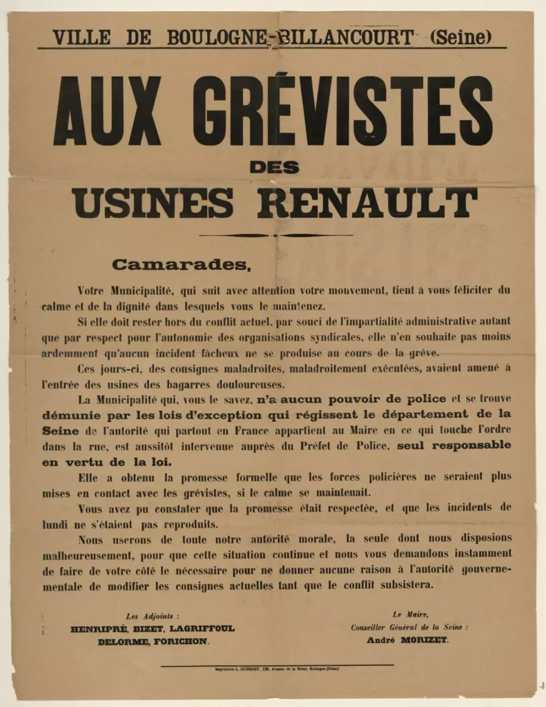 Aux grévistes des usines Renault, 1936. Imprimerie L. Guerret. Impression sur papier, 80 x 60,5 cm. Domaine public. Musées de la ville de Boulogne-Billancourt