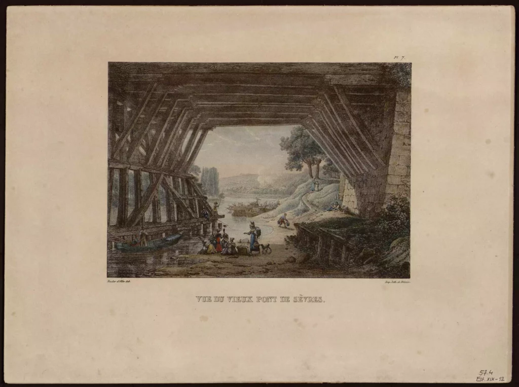 Bacler d’Albe, Vue du Vieux Pont de Sèvres, gravure, vers 1815. Archives municipales de Boulogne-Billancourt