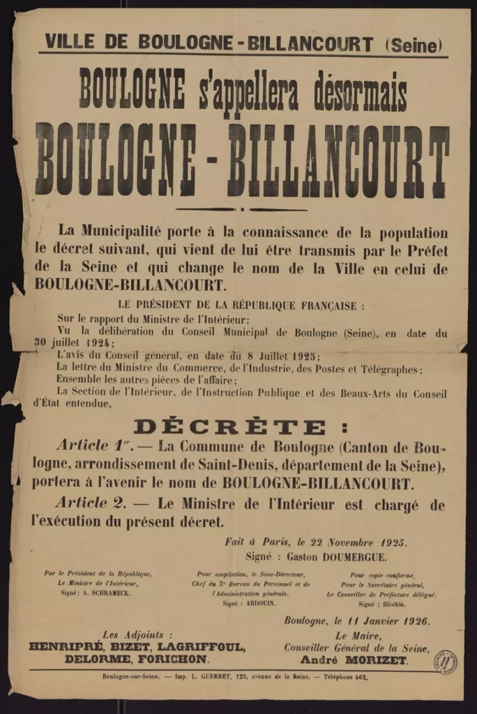 Boulogne s’appellera désormais Boulogne-Billancourt, affiche, 1926. Archives municipales de Boulogne-Billancourt