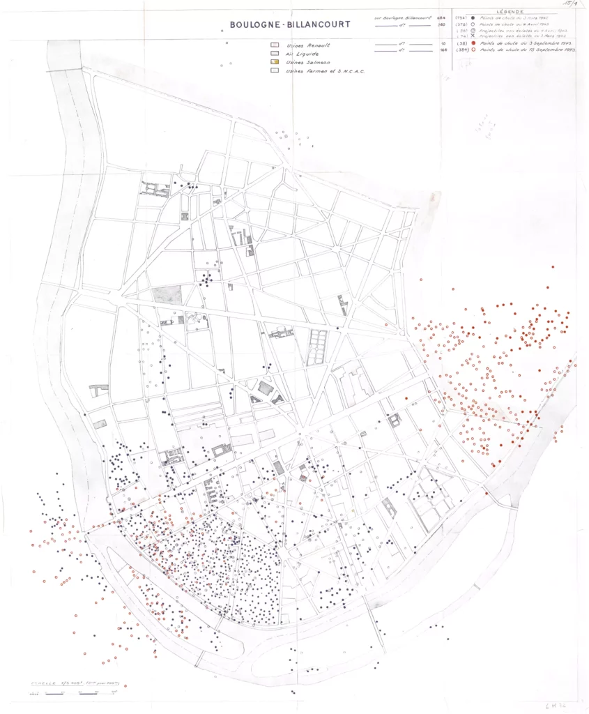 Cartes des impacts des bombardements en 1942 et 1943. Archives municipales de Boulogne-Billancourt